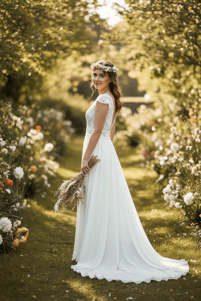Vue de dos d'une robe bohème fluide et dos nu en dentelle