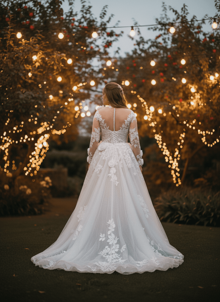 Vue arrière d'une robe de mariée bohème fleurie avec traîne