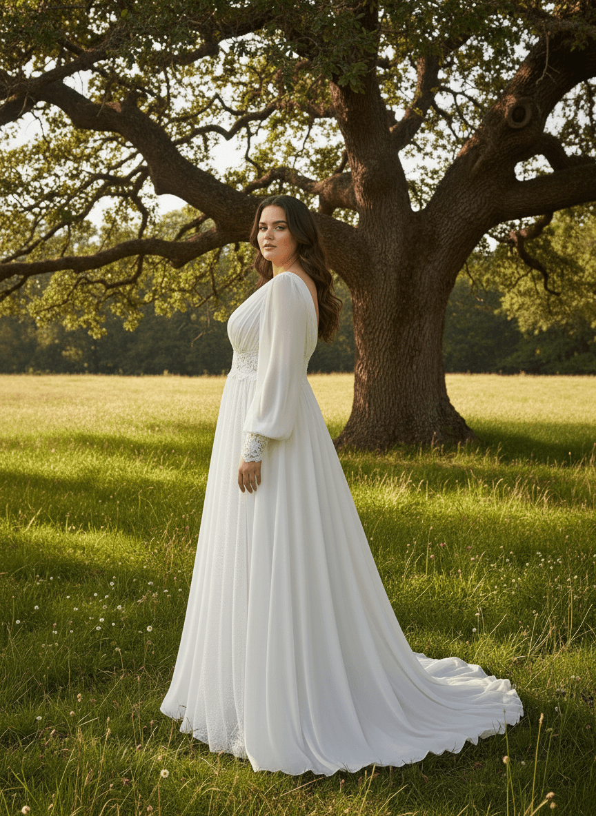 Vue de profil d'une robe de mariée bohème fluide avec manches longues