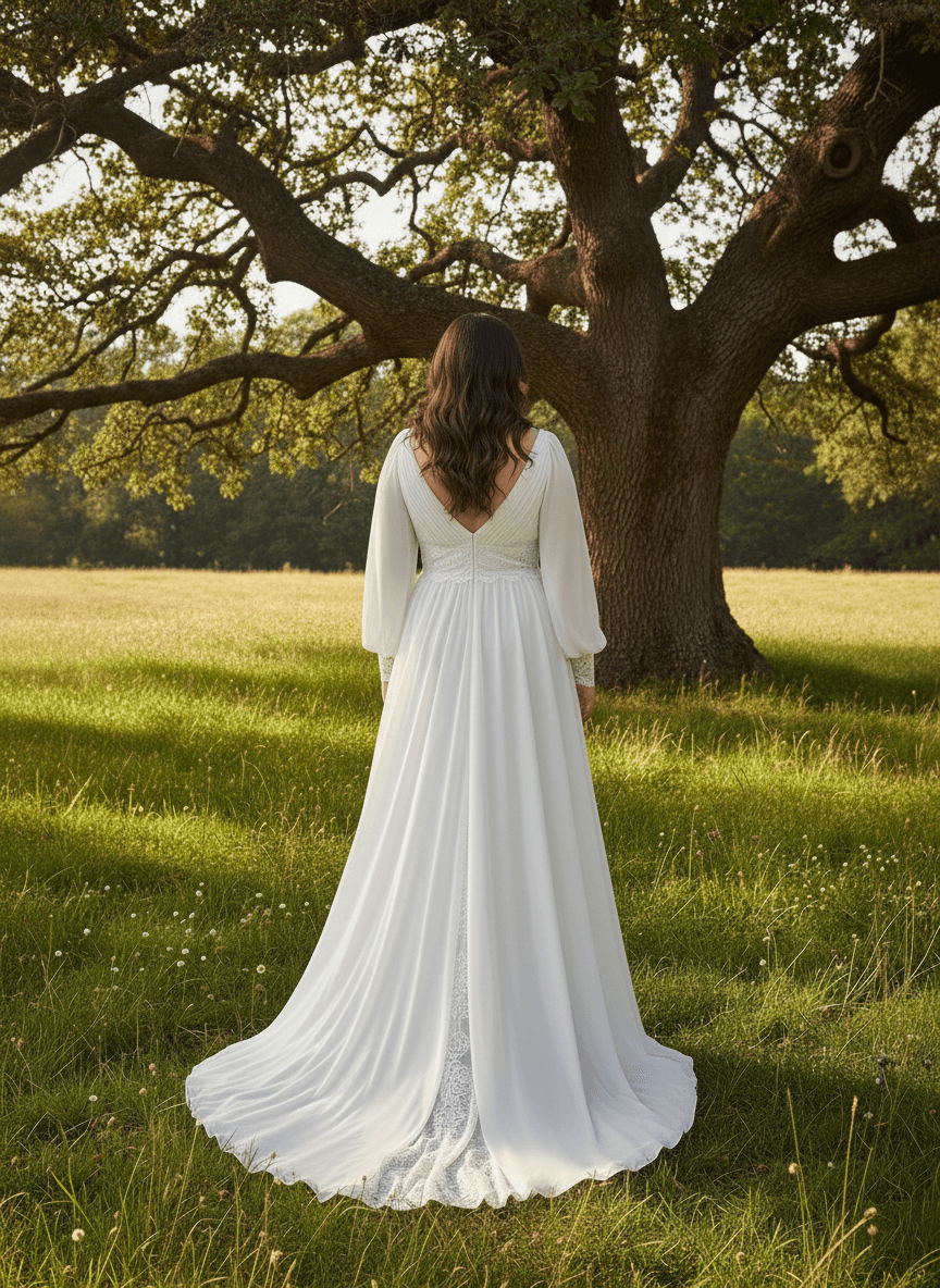 Vue de dos d'une robe bohème fluide et aérienne dans un champ