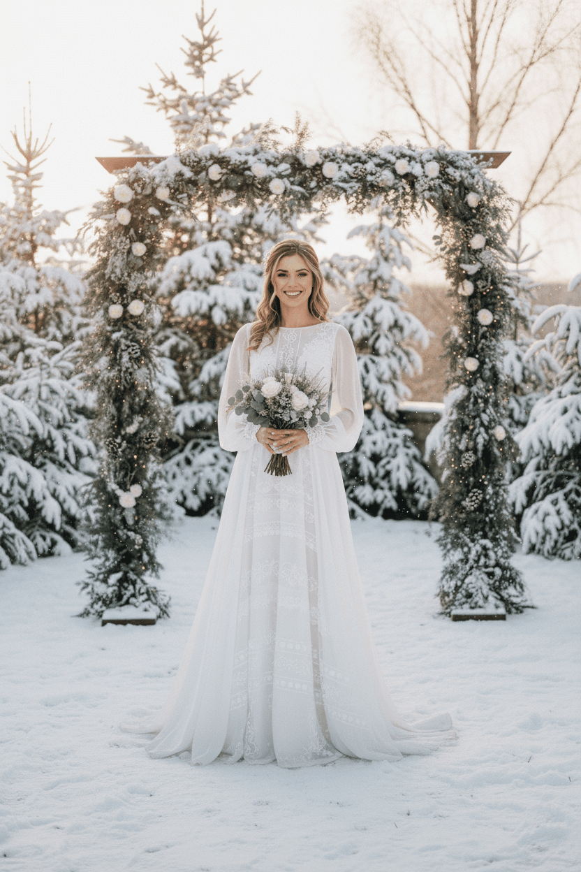 Vue de face d'une robe de mariée bohème hiver avec manches longues et dentelle délicate