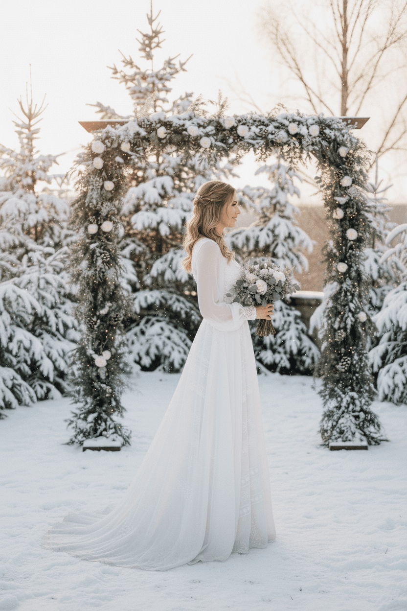 Vue de profil d'une robe de mariée bohème fluide avec détails de dentelle pour mariage hivernal