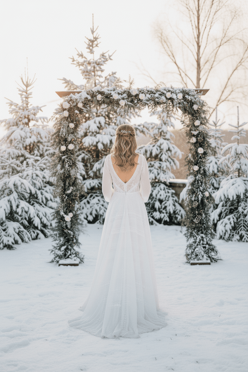 Vue de dos d'une robe de mariée bohème avec décolleté plongeant et traîne légère dans la neige