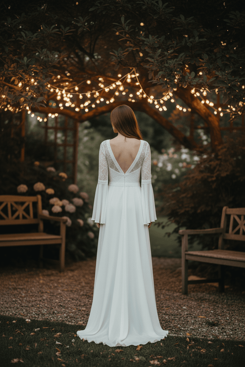 Vue de dos d'une robe de mariée bohème manches longues avec dos en dentelle