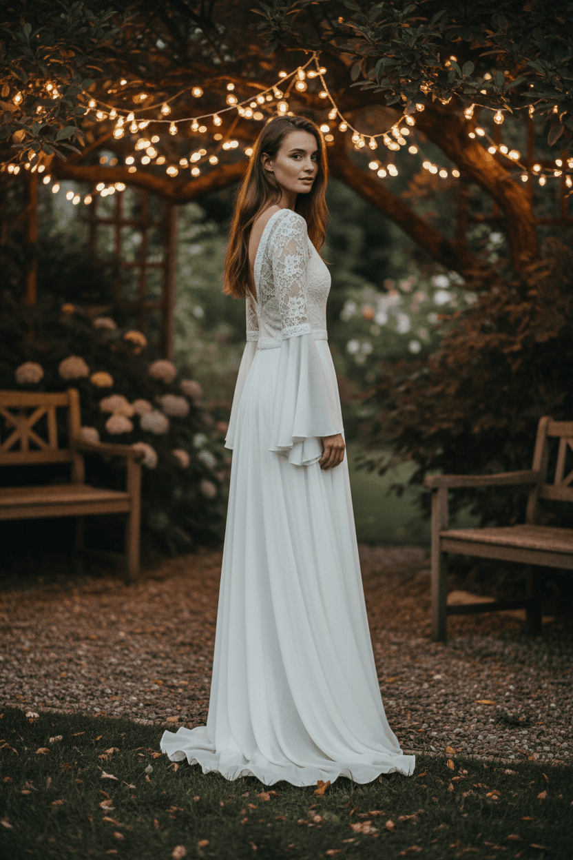 Vue de profil d'une robe de mariée bohème fluide à manches longues