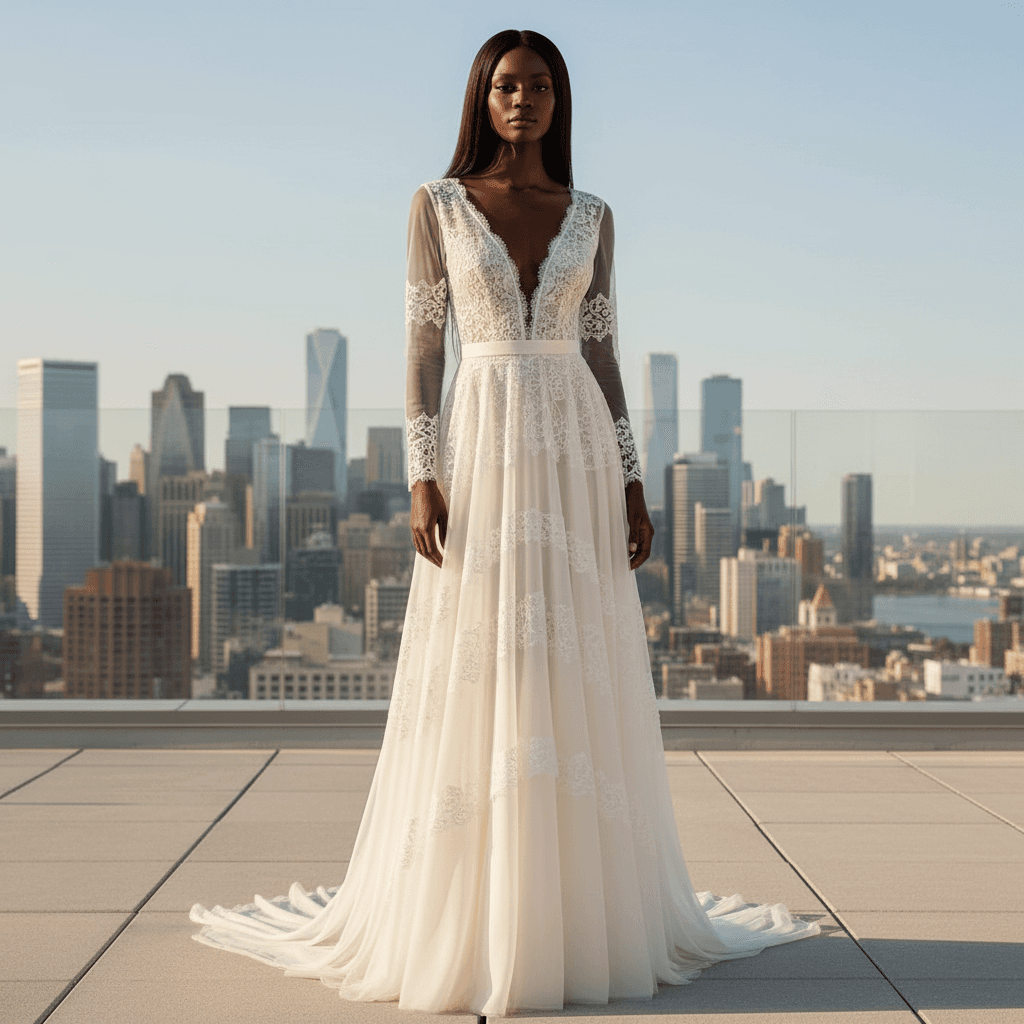 Vue de face d'une robe de mariée bohème moderne avec décolleté en V