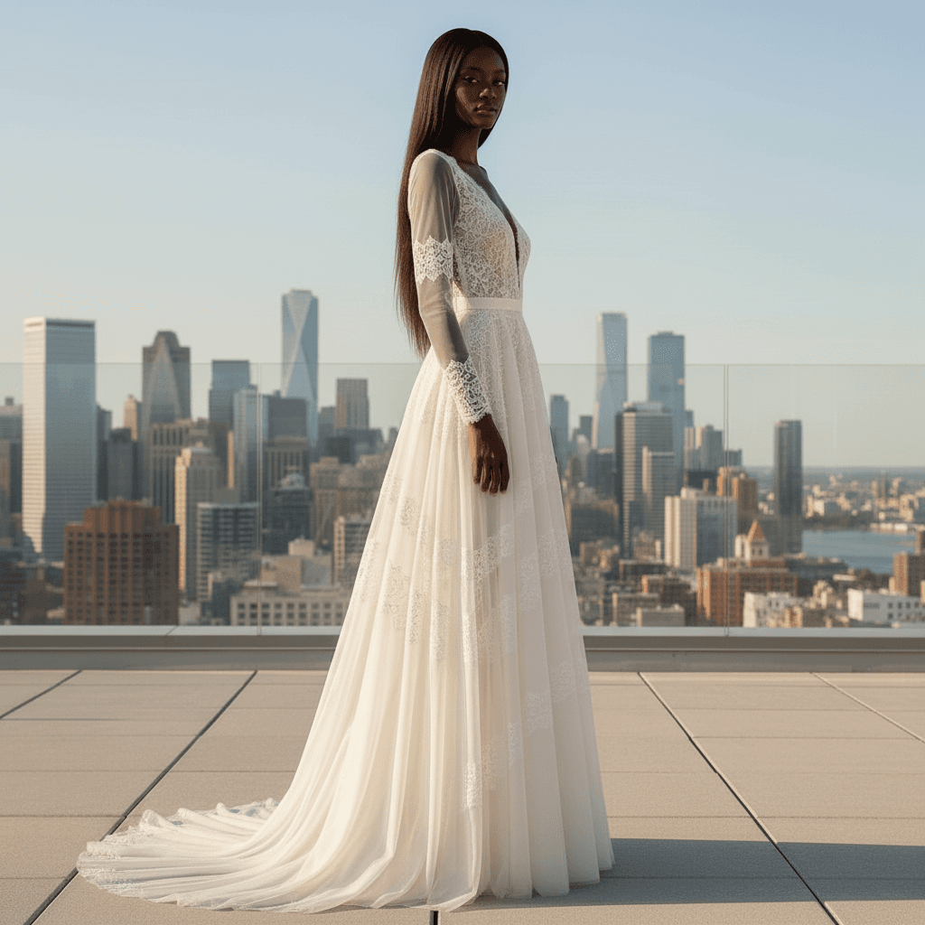 Vue de profil d'une robe bohème moderne fluide avec manches dentelle