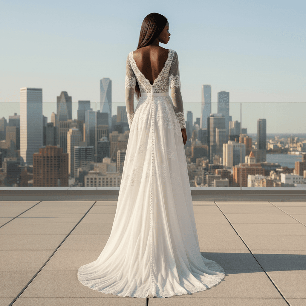 Vue de dos d'une robe de mariée bohème moderne avec traîne légère