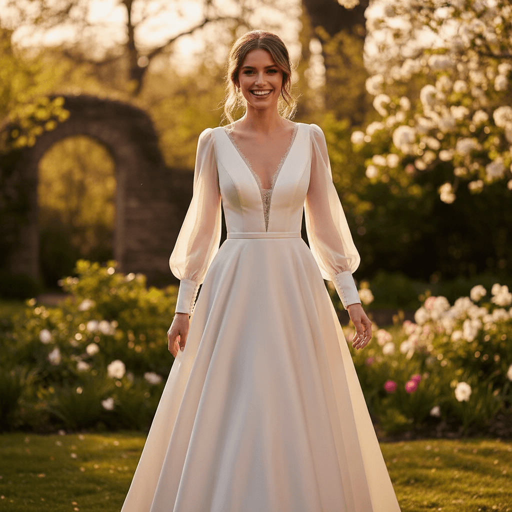 Vue de face d'une robe de mariée bohème princesse fluide avec manches longues