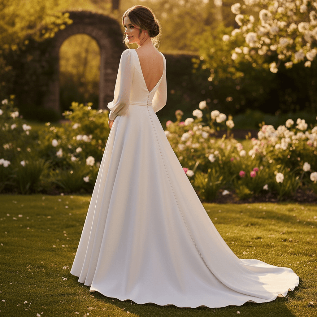 Vue de dos d'une robe de mariée bohème princesse dos en V avec boutons