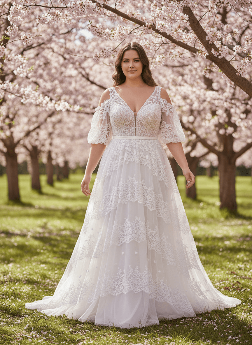 Mariée en robe bohème romantique avec décolleté en V sous les cerisiers