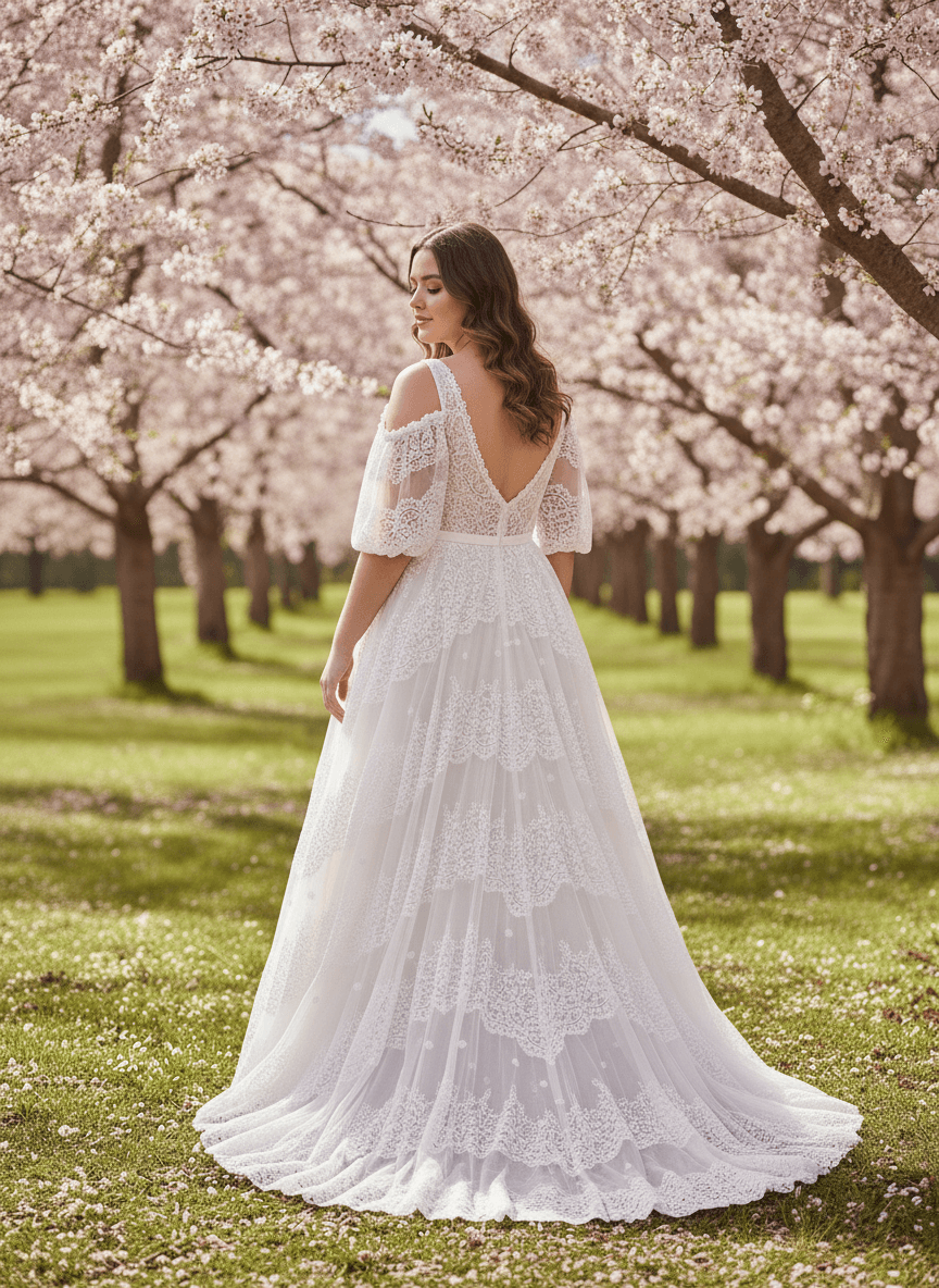 Vue de dos d'une robe bohème romantique avec traîne légère