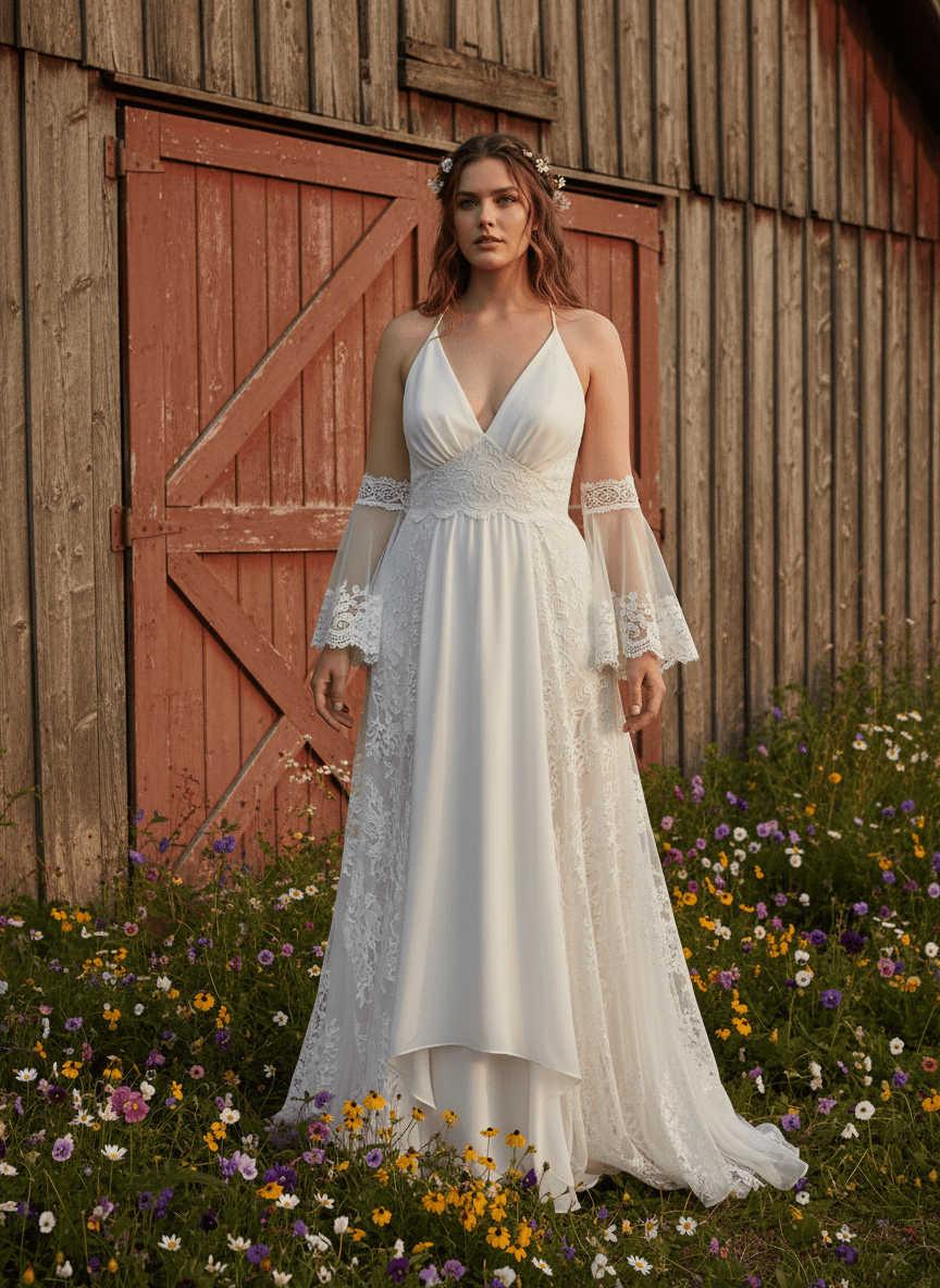 Mariée en robe bohème vintage avec décolleté en V et manches amovibles