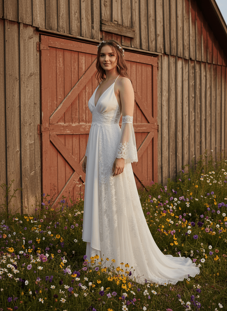 Vue de profil d'une robe de mariée bohème vintage fluide en dentelle