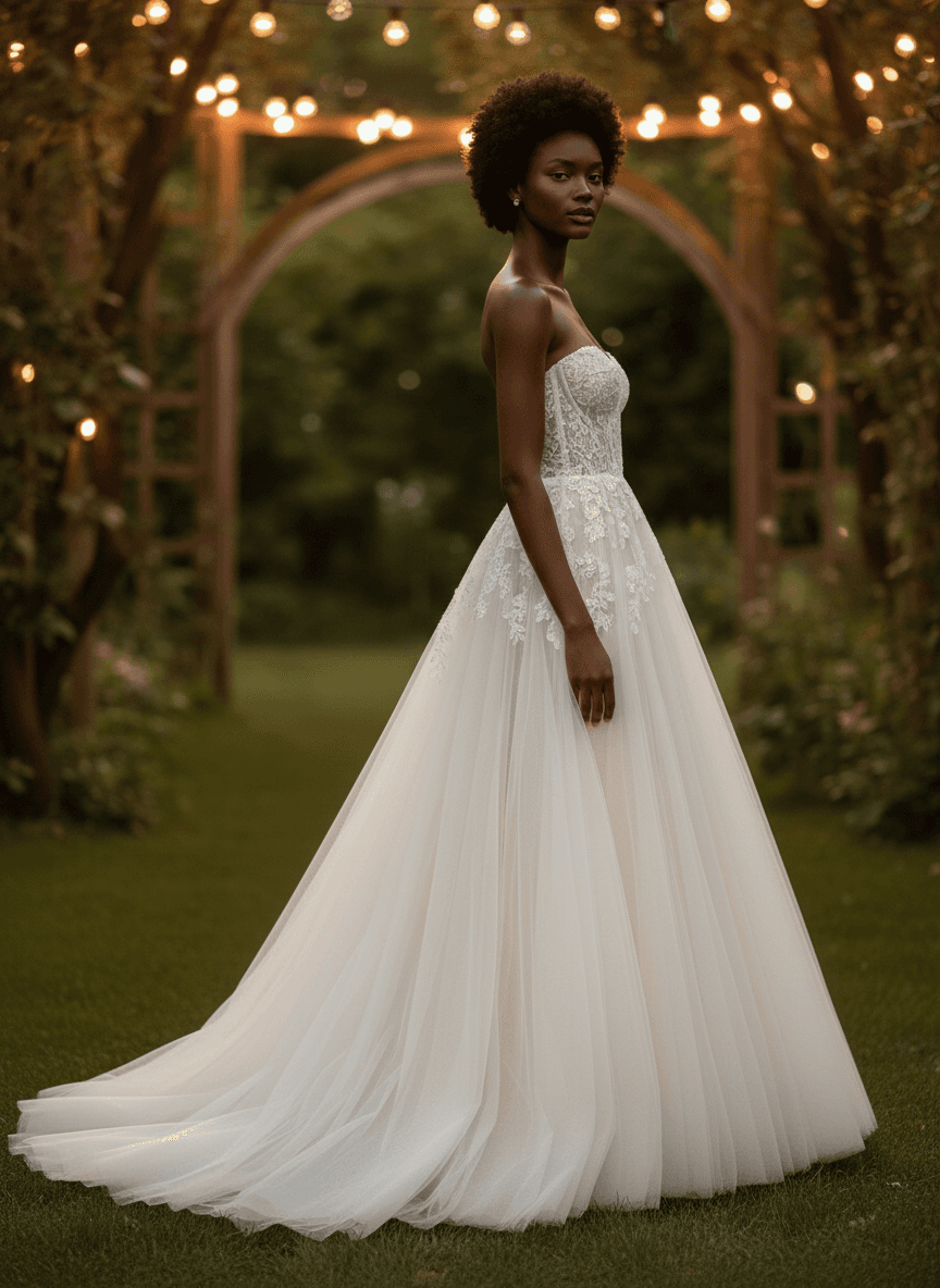 Vue de face d'une robe de mariée bustier bohème en dentelle et jupe fluide