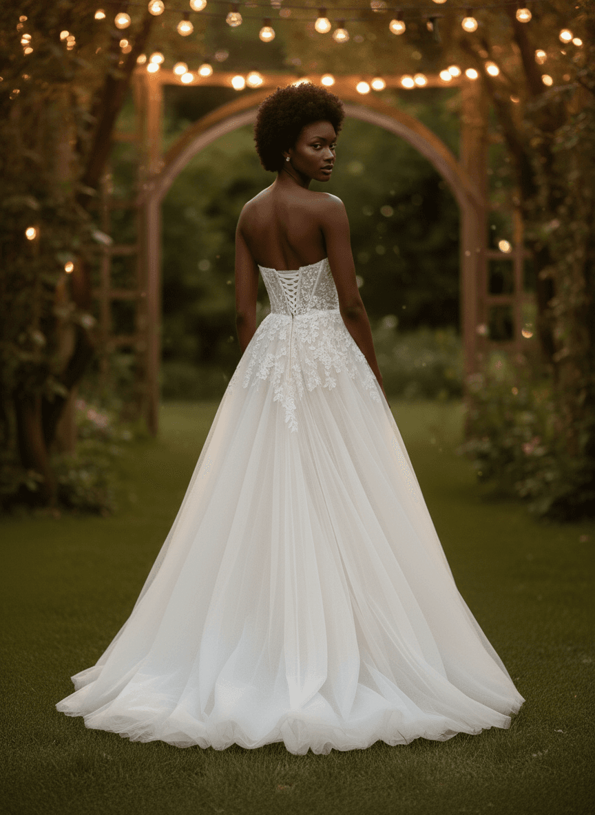 Vue de dos d'une robe bustier bohème avec dos nu et traîne légère