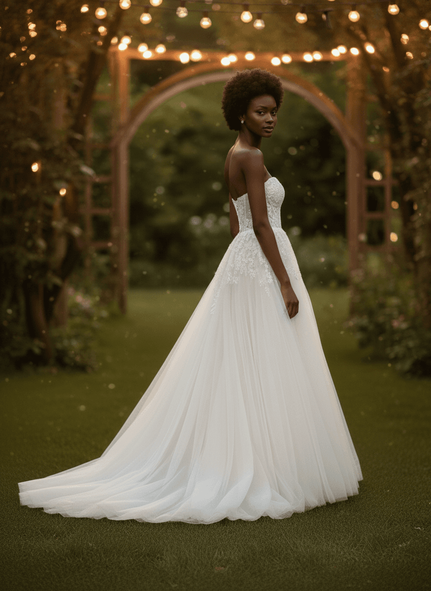 Vue de profil d'une robe de mariée bustier bohème élégante et aérienne