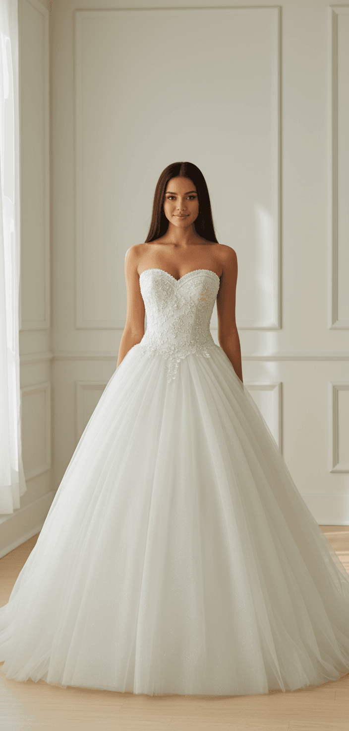 Vue de face d'une robe de mariée bustier cœur avec jupe en tulle volumineuse