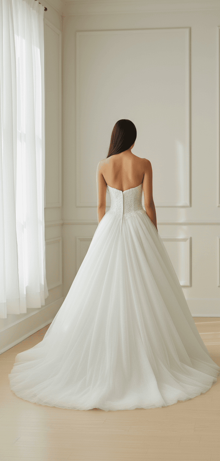 Vue de dos d'une robe bustier cœur avec longue traîne fluide