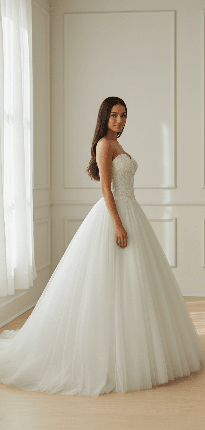 Vue de profil d'une robe de mariée bustier cœur élégante et romantique