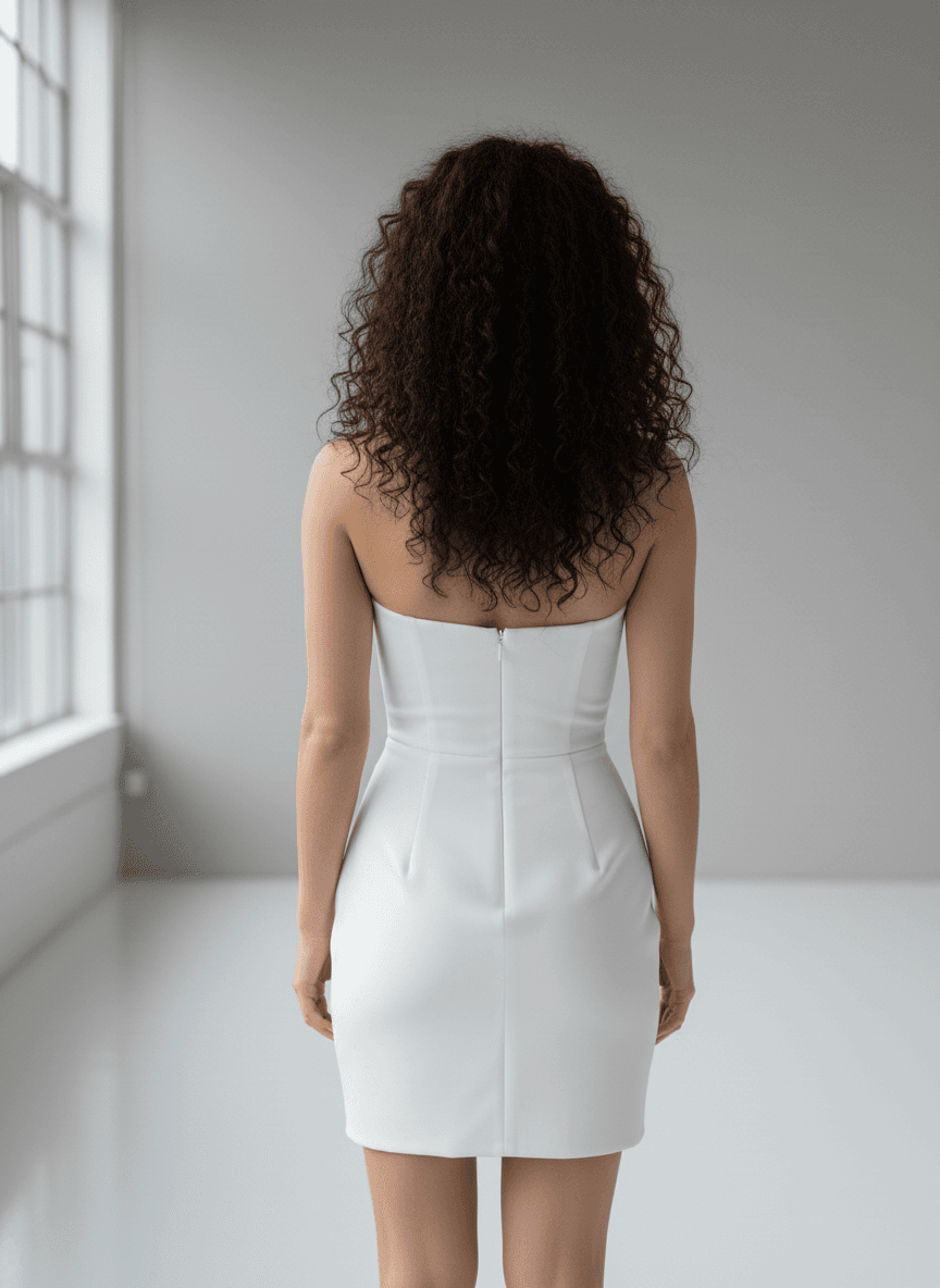 Vue de dos d'une robe de mariée bustier courte ajustée