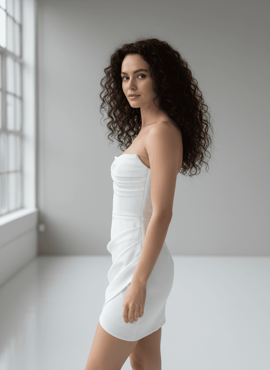 Vue de profil d'une robe de mariée bustier courte moderne