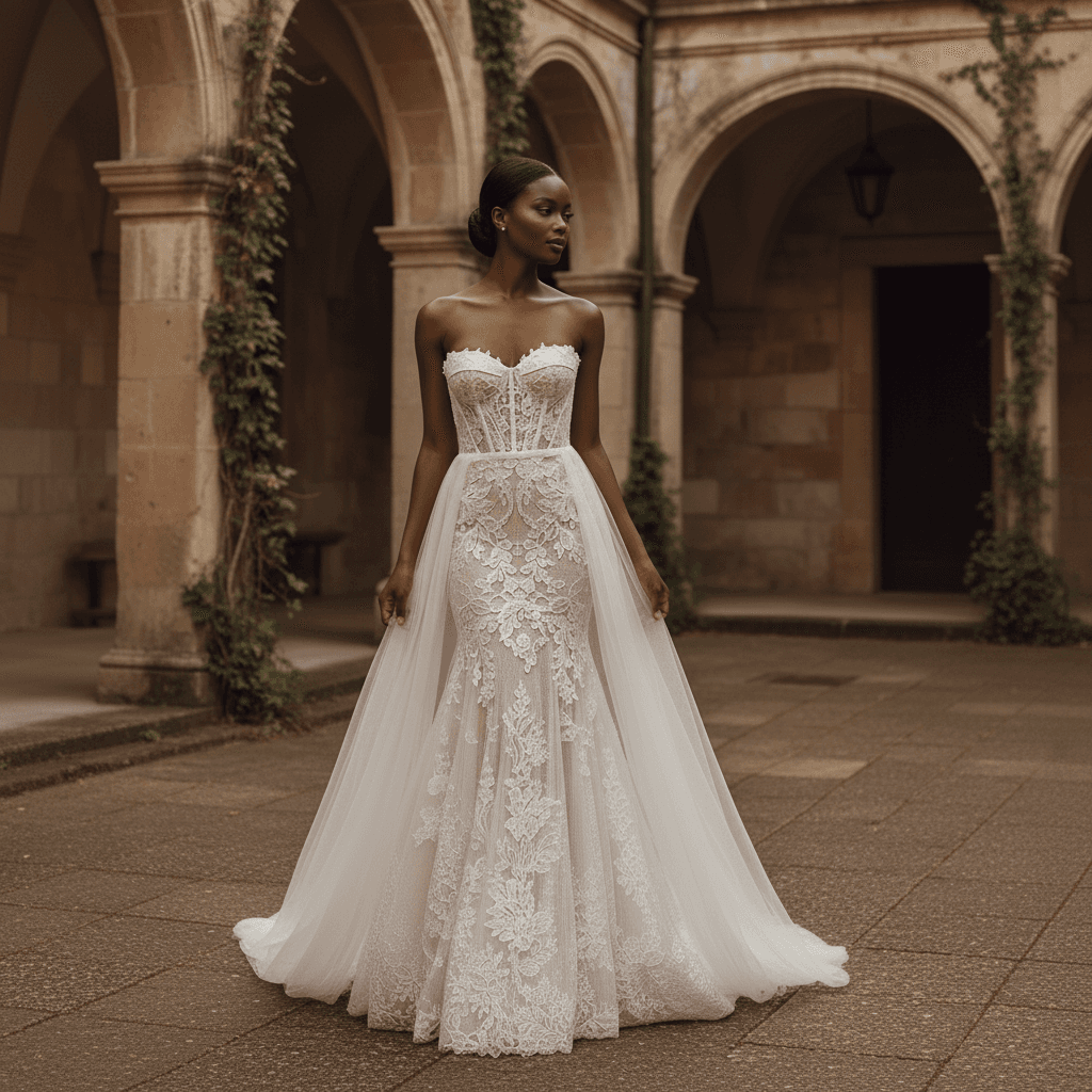 Vue de face d'une robe de mariée bustier en dentelle avec traîne légère