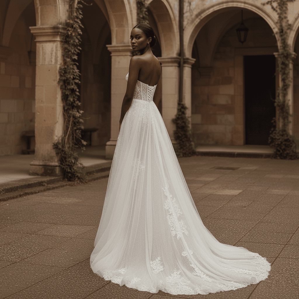 Vue de dos d'une robe de mariée bustier en dentelle avec détails floraux