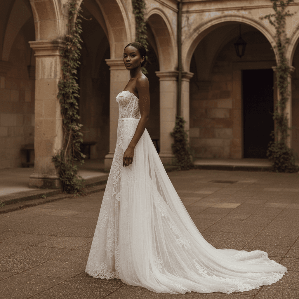 Vue de profil d'une robe de mariée bustier en dentelle élégante et fluide