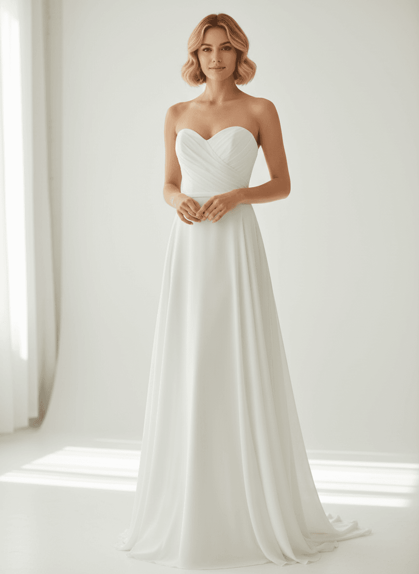 Vue de face d'une robe de mariée bustier fluide avec décolleté cœur