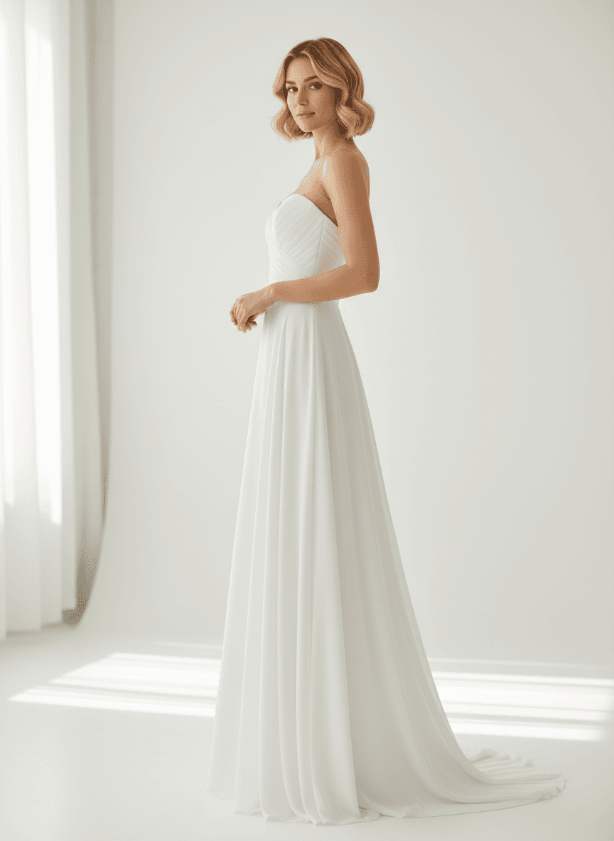 Vue de profil d'une robe fluide bustier élégante avec traîne légère