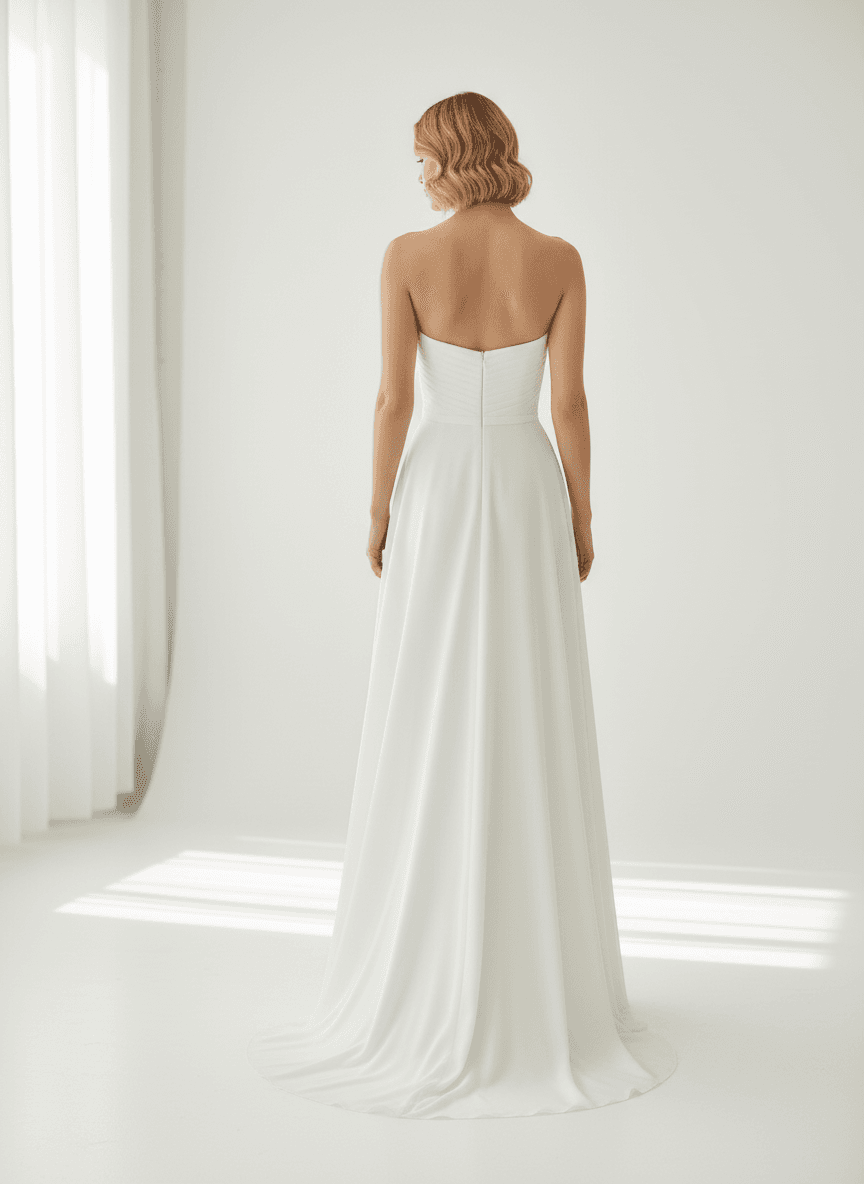 Vue de dos d'une robe de mariée bustier fluide au tombé aérien