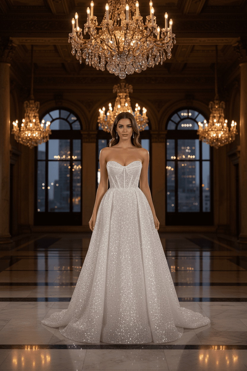 Vue de face d'une robe de mariée bustier scintillante en tissu pailleté