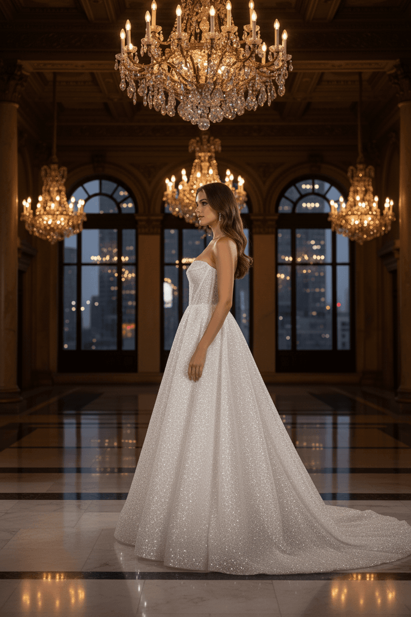 Vue de profil d'une robe bustier pailletée avec jupe fluide et élégante