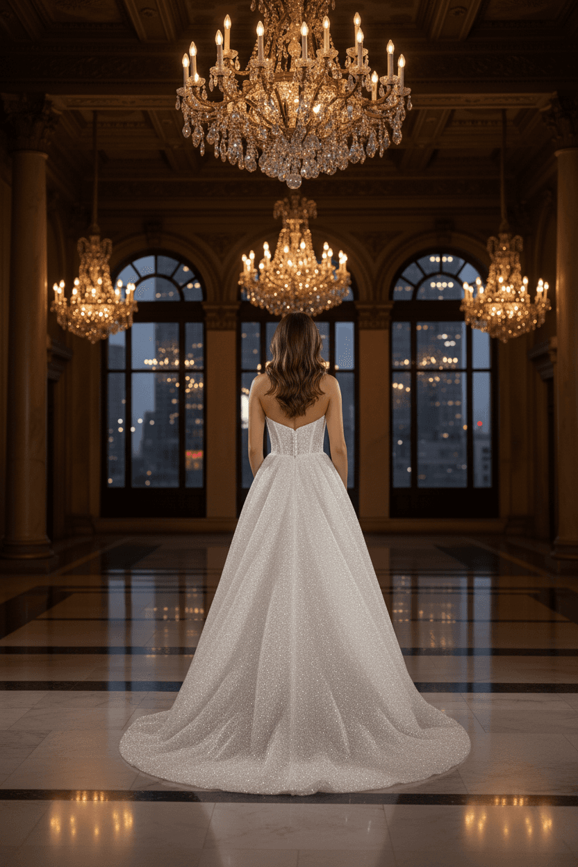Vue de dos d'une robe de mariée bustier pailletée avec longue traîne élégante