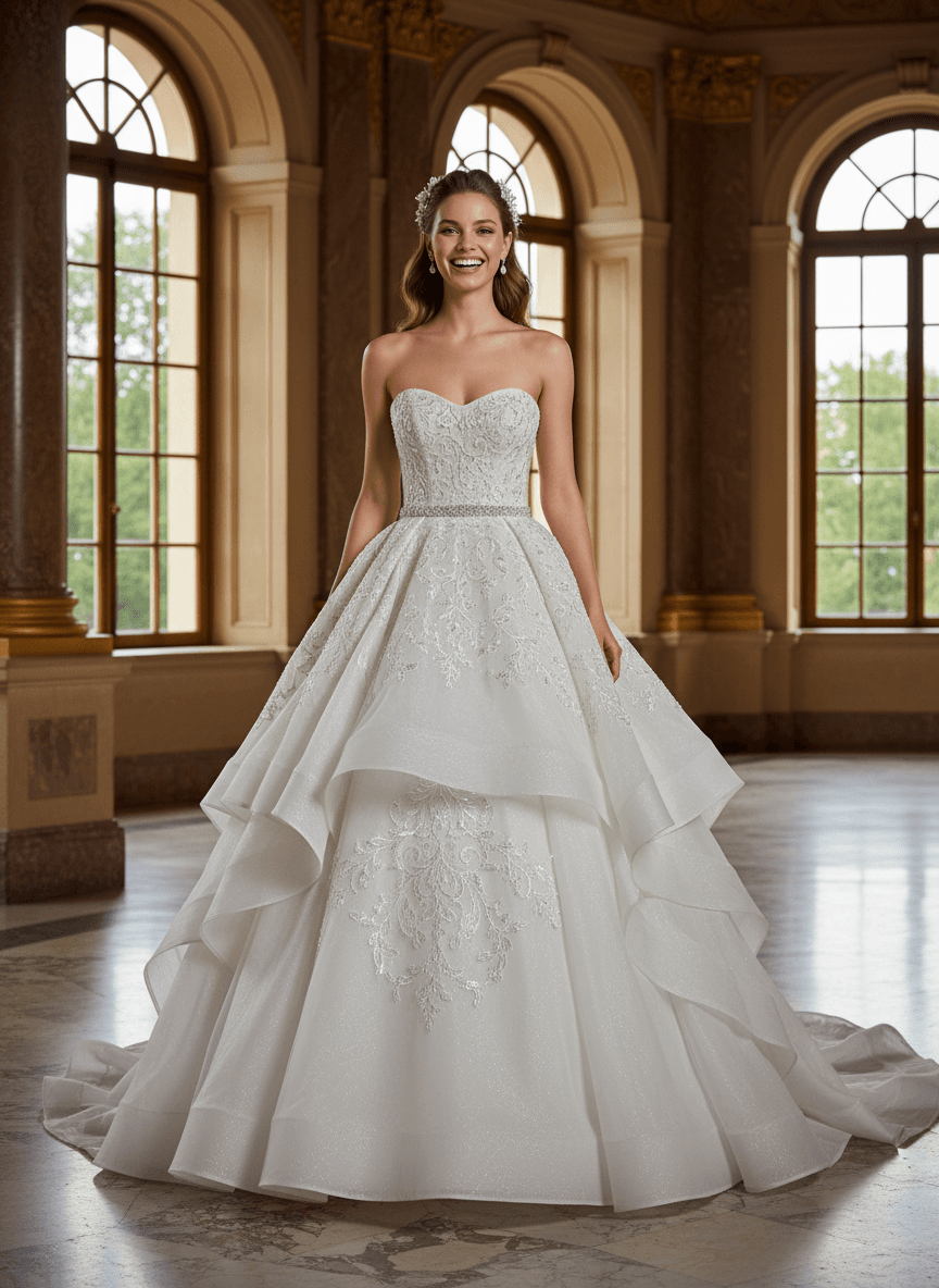 Vue de face d'une robe de mariée bustier princesse avec corsage en cœur