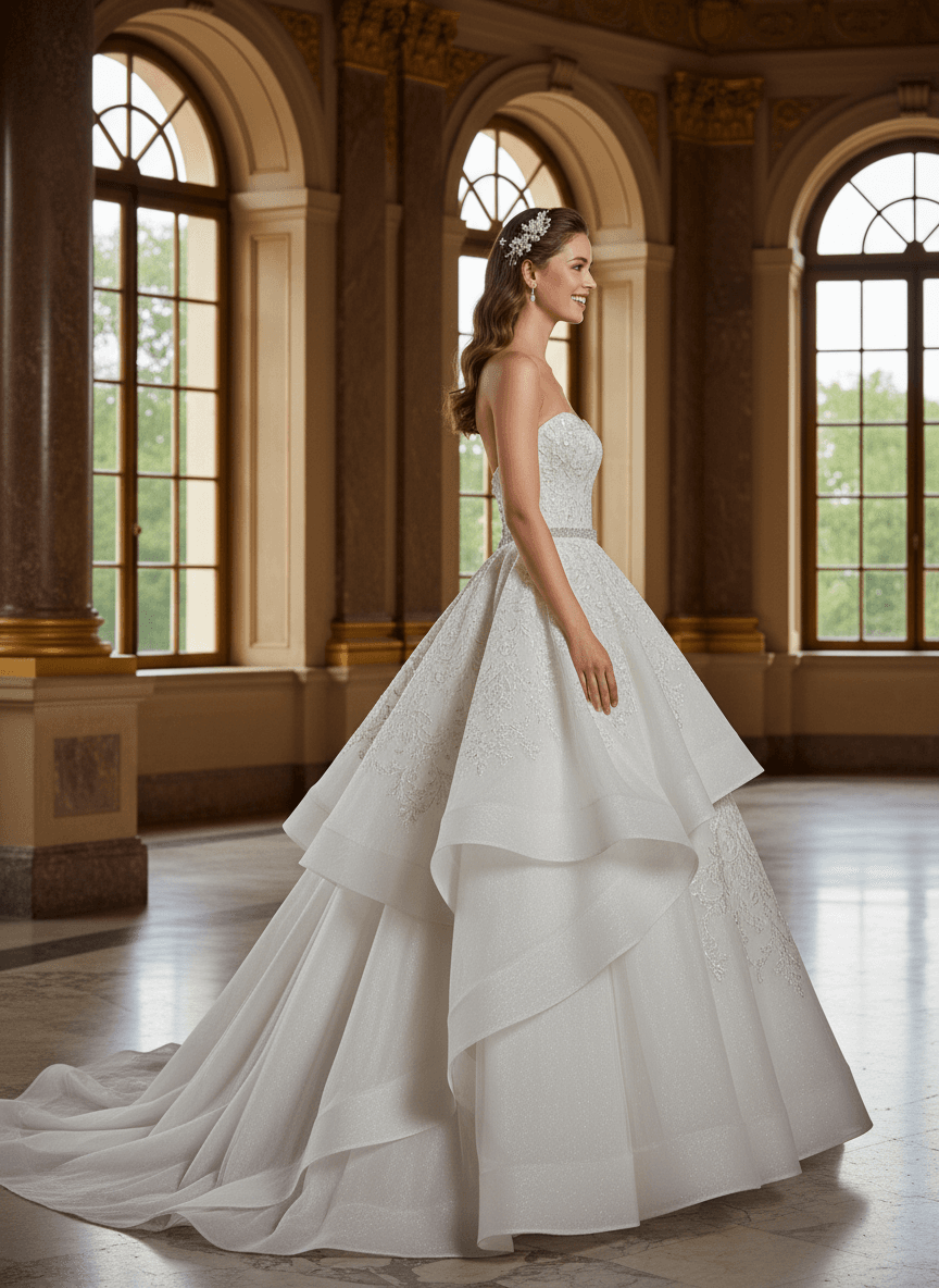 Vue de profil d'une robe bustier princesse satin majestueuse