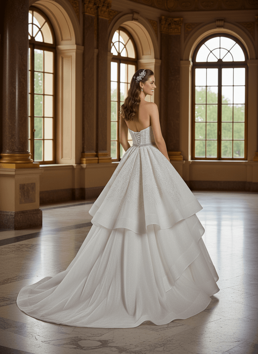 Vue de dos d'une robe de mariée princesse bustier avec traîne longue