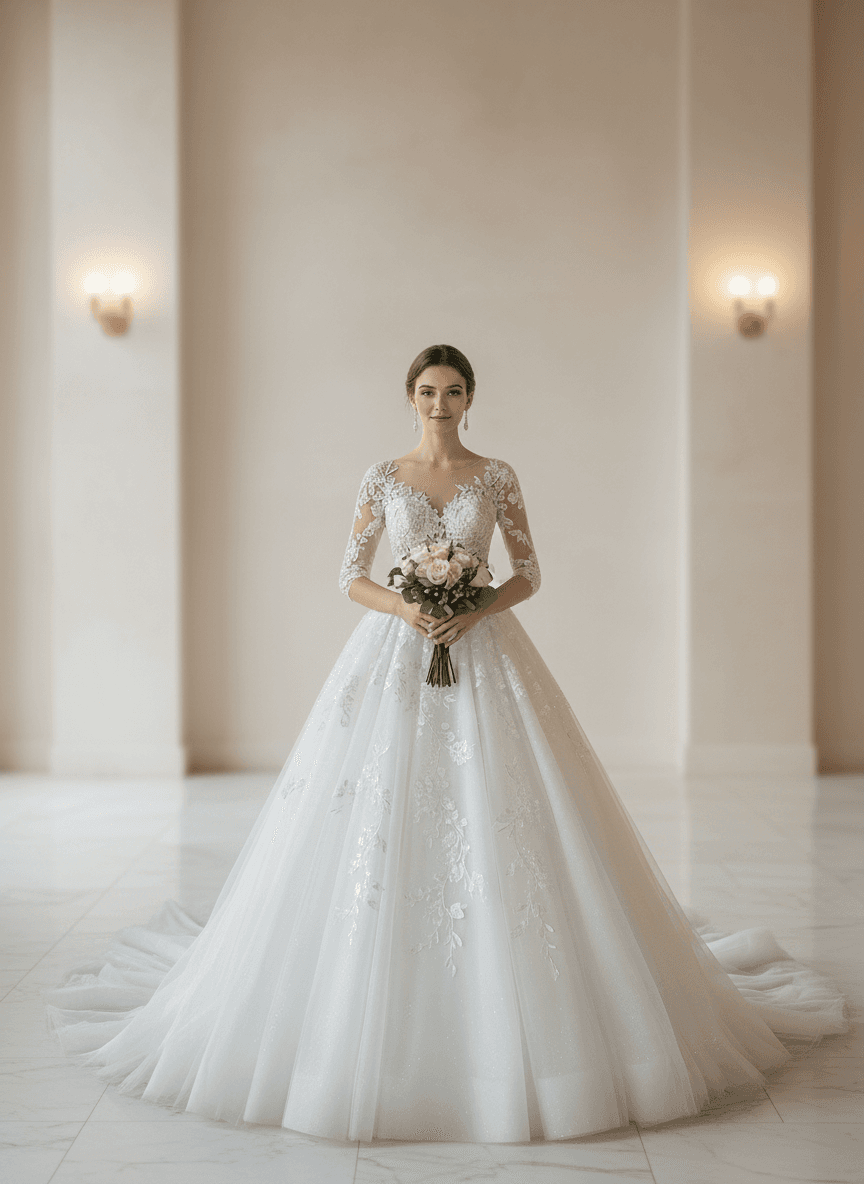 Vue de face d'une robe de mariée bustier princesse avec manches et jupe volumineuse