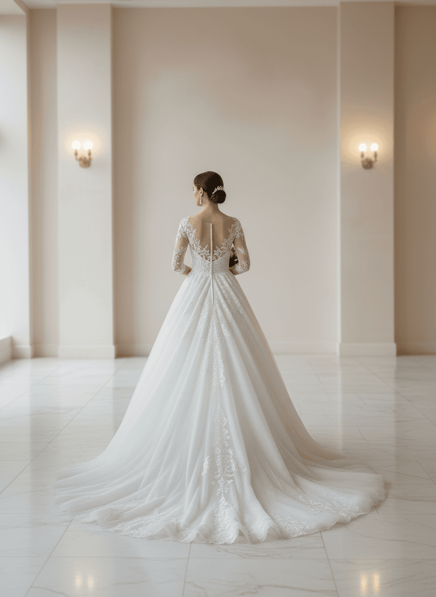 Vue de dos d'une robe de mariée princesse bustier avec longue traîne et manches élégantes
