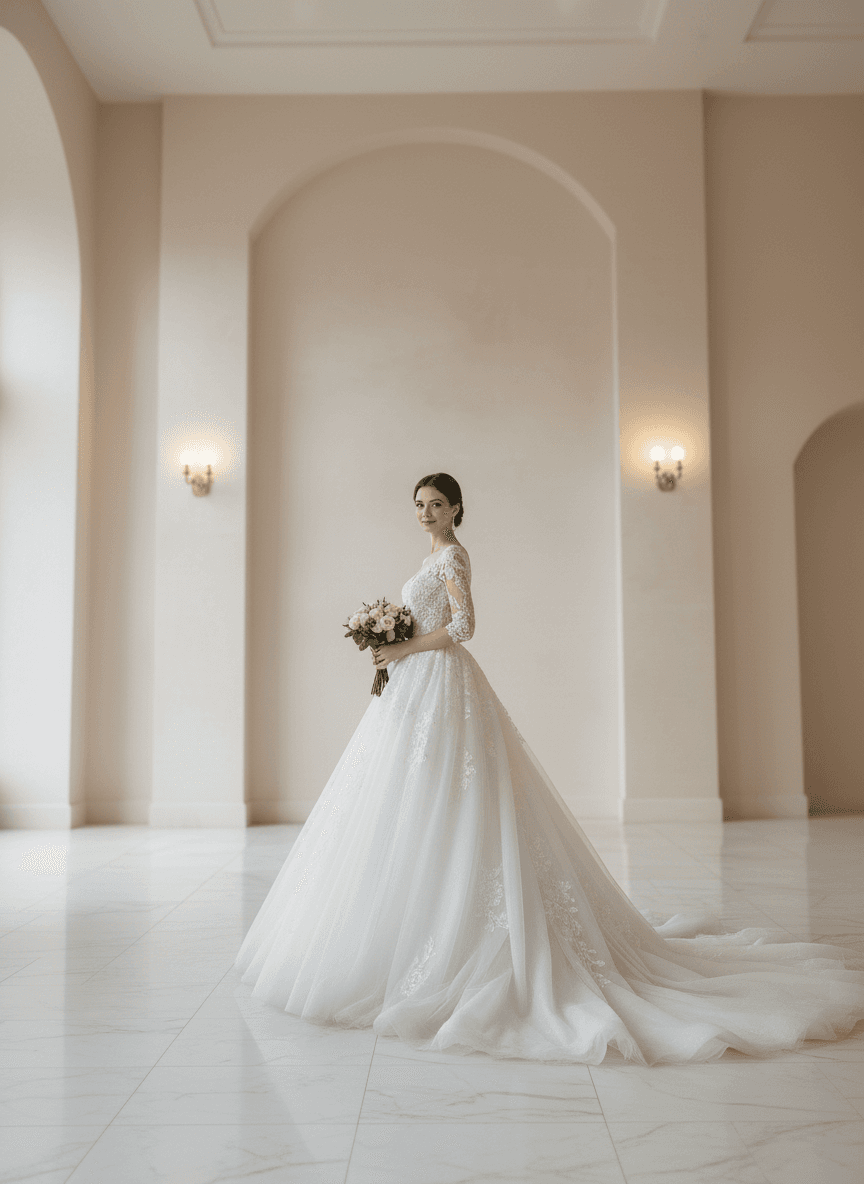 Vue de profil d'une robe de mariée bustier princesse avec manches et jupe ample