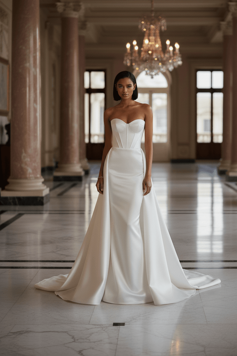 Vue de face d'une robe de mariée bustier en satin élégante