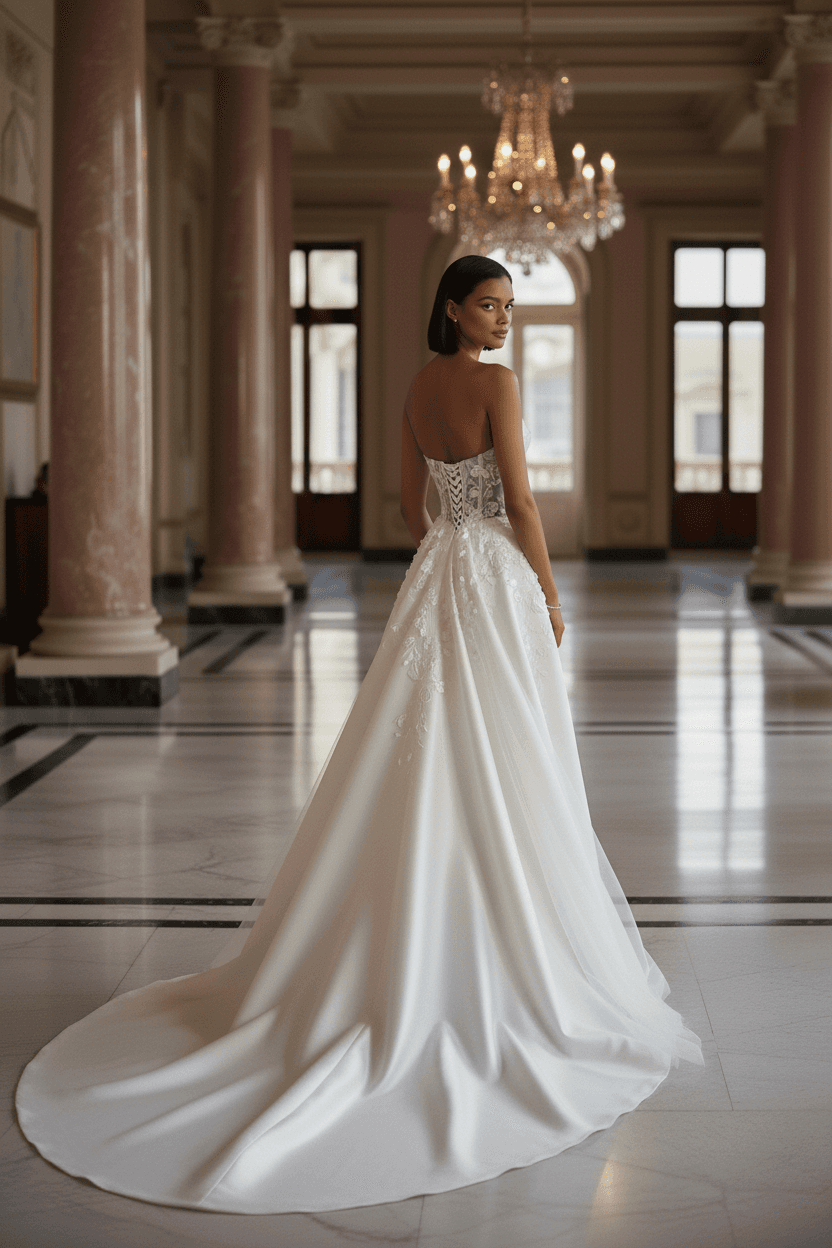 Vue de dos d'une robe de mariée bustier satin avec traîne fluide