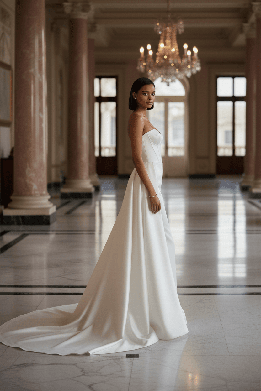 Vue de profil d'une robe de mariée bustier satin moderne et raffinée