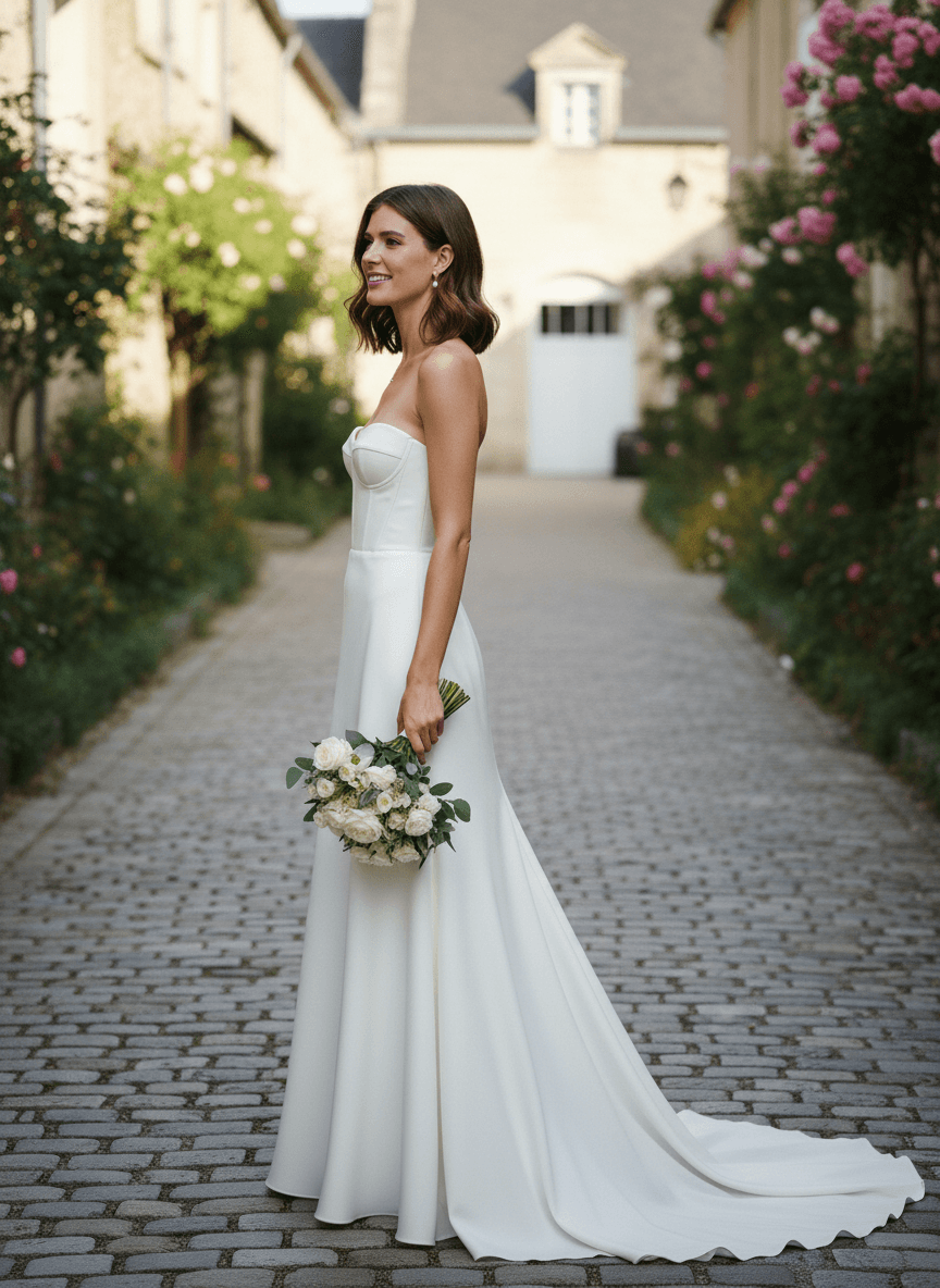 Vue de profil d'une robe de mariée bustier fluide et raffinée