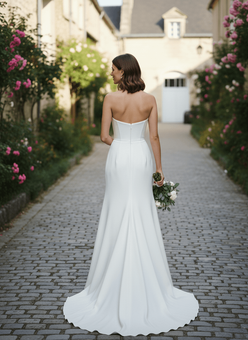Vue de dos d'une robe de mariée bustier avec traîne discrète