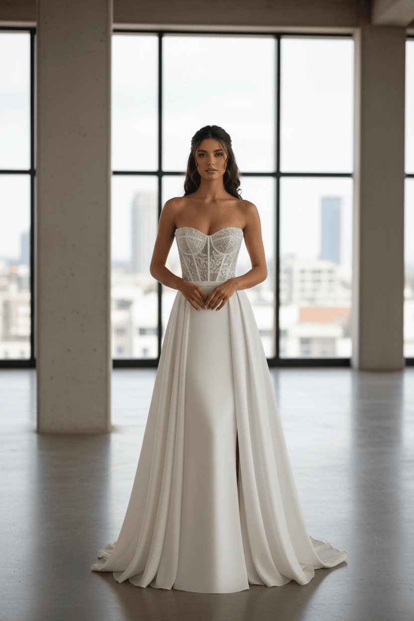 Vue de face d'une robe de mariée bustier transparent avec jupe fluide