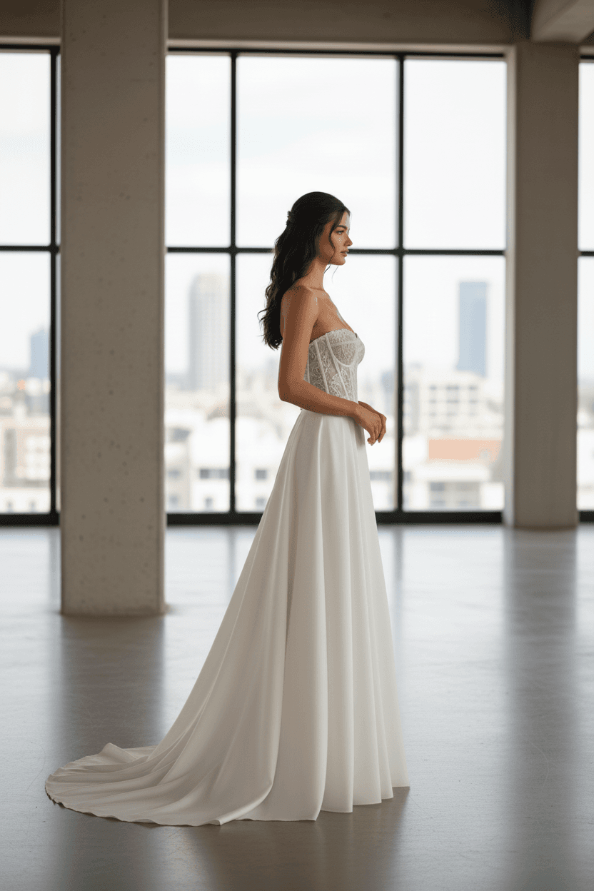 Vue de profil d'une robe bustier en dentelle transparente avec longue traîne