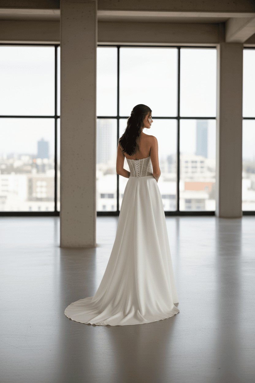 Vue de dos d'une robe de mariée bustier transparent avec corset apparent