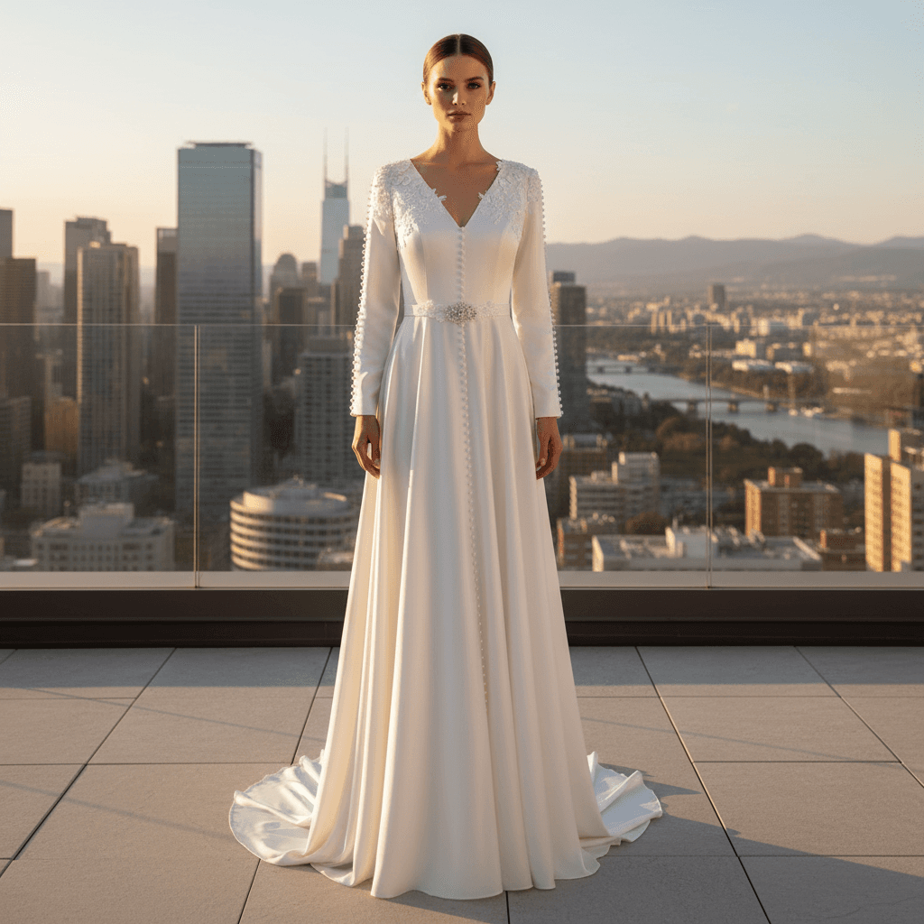 Vue de face d'une robe de mariée caftan moderne avec décolleté en V